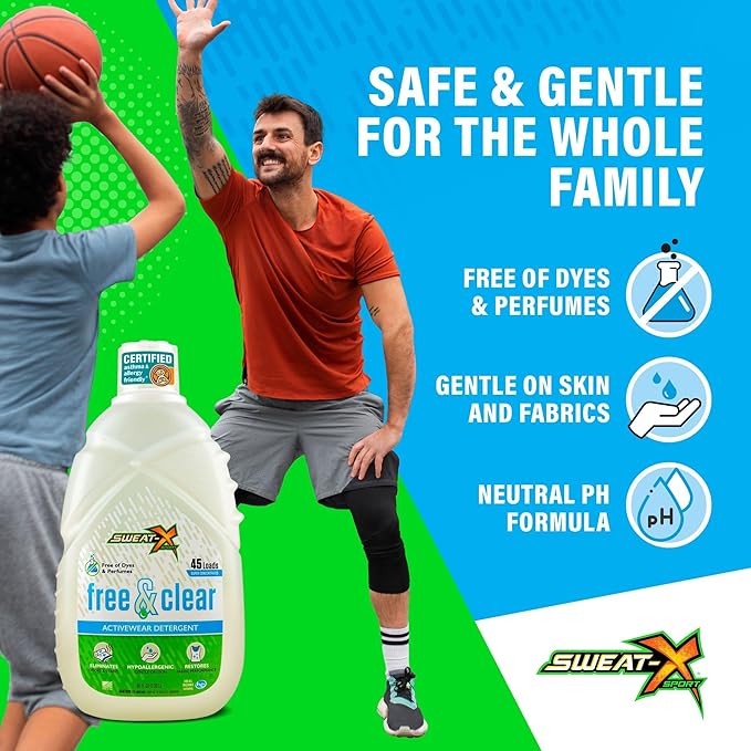 Sweat X Free & Clear Activewear Laundry Detergent – Certified Asthma & Allergy Friendly® – Hypoallergenic – Removes Toughest Stains & Odors – High-Performance Sports Wash – 45 Loads/Bottle – 4 Pack
