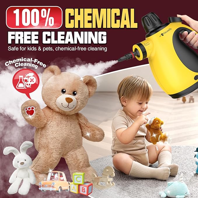 Pressurized Handheld Steam Cleaner for Home, Multi-Surface Steamer with 12 Accessories, 12.8oz Natural Steamer for Cleaning Car, Bathroom, Shower, Upholstery, Grout, Window, Grease