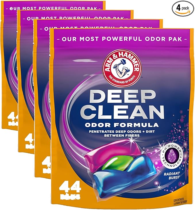 Arm & Hammer Laundry Detergent Power Paks, Radiant Burst | Odor Removing Formula | 44 Count, Pack of 4