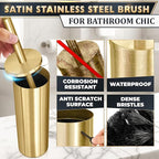 Gold Toilet Brush and Holder Set - Brushed Stainless Steel Gold Toilet Bowl Brush and Holder with Replacable Head, Removable Inner Bowl, and Splash Protection - Dense Bristles for Through Cleaning