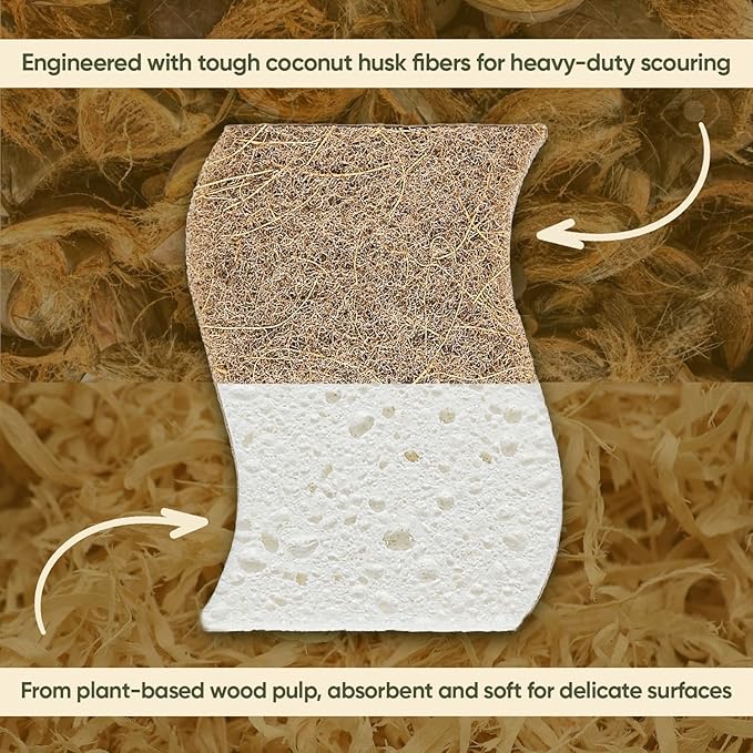 Plant-Based Kitchen Sponges (6 Pack) | USDA Biobased Certified | FSC & PETA Approved | Natural Cellulose & Coconut Scrubber Sponge | S-Shaped Design | Eco-Friendly, Non-Scratch, Non-Toxic & Vegan