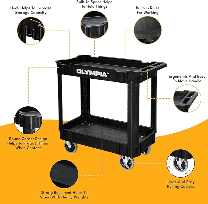 Olympia Tools 2 Shelf Black Rolling Utility Cart - Supports Up to 500 lbs, Comfort Handle - Heavy Duty Carts With Wheels - Great for Warehouse, Garage, Manufacturing, Cleaning