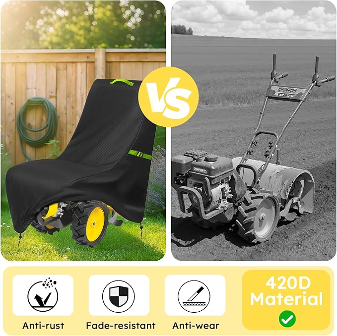 Tiller Cover, Rototiller Covers, 420D Silver-Coated Waterproof Fabric, Adjustable Drawstring Hem, Green Handle & Rear Waist Band – Fits Most Tillers (Black, Gas Tiller Cover)