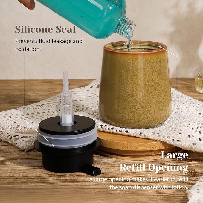 INGOFIN Ceramic Lotion Dispenser - 12 oz Refillable Hand Soap Dispenser Bathroom, Modern Liquid Soap Dispenser with Pump, Dish Dispenser for Kitchen,Kiln-Glazed Earthy Yellow