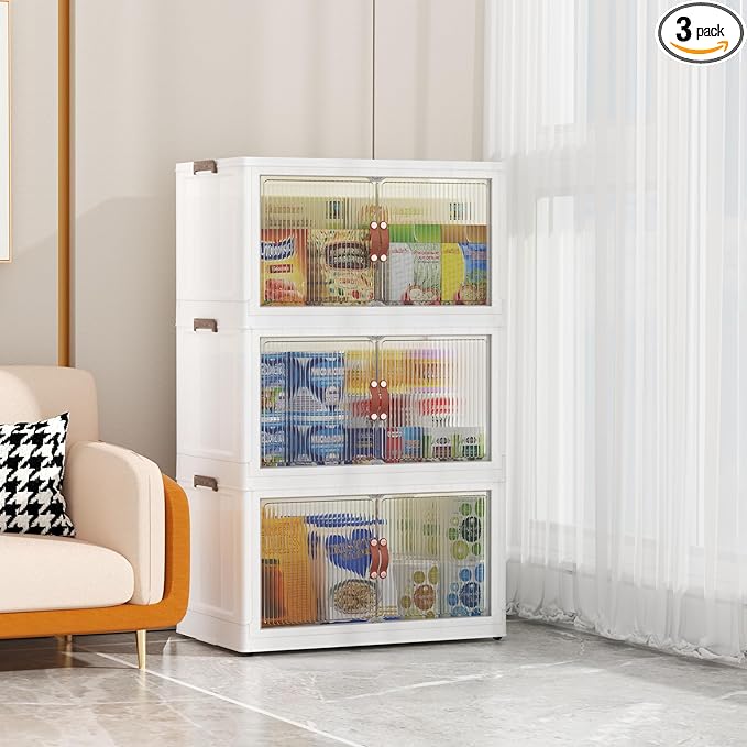 3 Tier Storage Bins with Lids, 104QT Collapsible Plastic Storage Bins, Folding Storage Boxes with Doors, Stackable Storage Organizer for Home, Office and Dorm