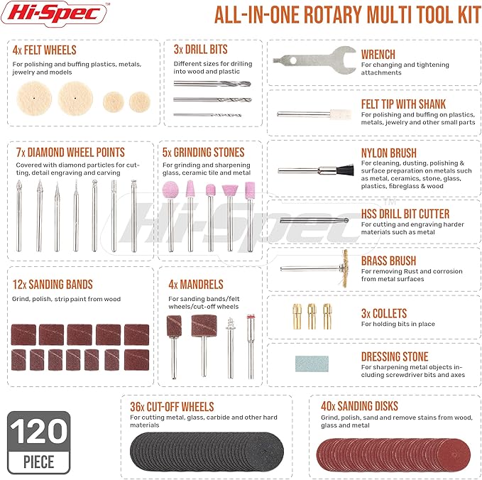 Hi-Spec Rotary Tool Kit Set 170W 1.4A with 121 Piece Dremel Compatible Bit Accessories. Drill, Cut, Trim, Grind & Sand in DIY Repairs, Hobbies & Craftwork