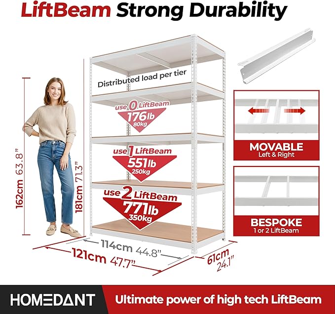 HOMEDANT White 5 Tier Laminated Boltless Heavy Duty Garage Storage Adjustable Wide Size Metal Shelving Unit Utility Rack Shelves Organization Shelf Shed Warehouse 47.7" W x 24.1" D x 71.3" H 1Pack