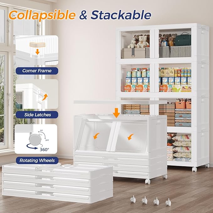 600Qt Stackable Storage Bins with Lid and Wheels, 150Gal Plastic Closet Organizer and Storage Drawer, Large Collapsible Storage Box Cabinet with Clear Door for Home Kitchen Office, 3Pack White
