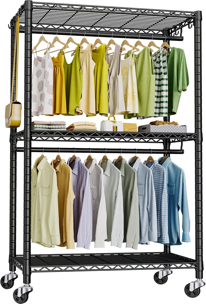 P3 Rolling Clothes Rack, Clothing Racks for Hanging Clothes, Heavy Duty Garment Rack with Wheels, Freestanding Portable Closet Organizer 39.4''W x 14''D x 78.5''H, Max Load 464 LBS, Black