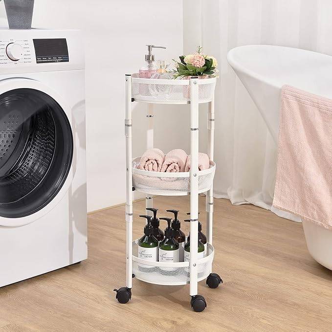TOOLF 3-Tier Foldable Rolling Cart, Collapsible Metal Utility Cart with Wheels, No Assemble, Multifunction Storage Organizer Trolley for Kitchen, Bathroom, Dorm, Nursery, White