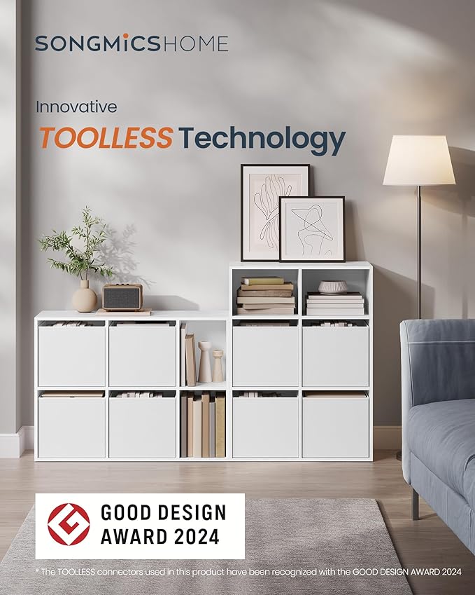 SONGMICS Home Bookshelf, Superfast Toolless Assembly, Cube Storage Organizer with 6 Compartments, Set of 2 Bookcase, 4 Fabric Drawers, Snow White UZH2507019