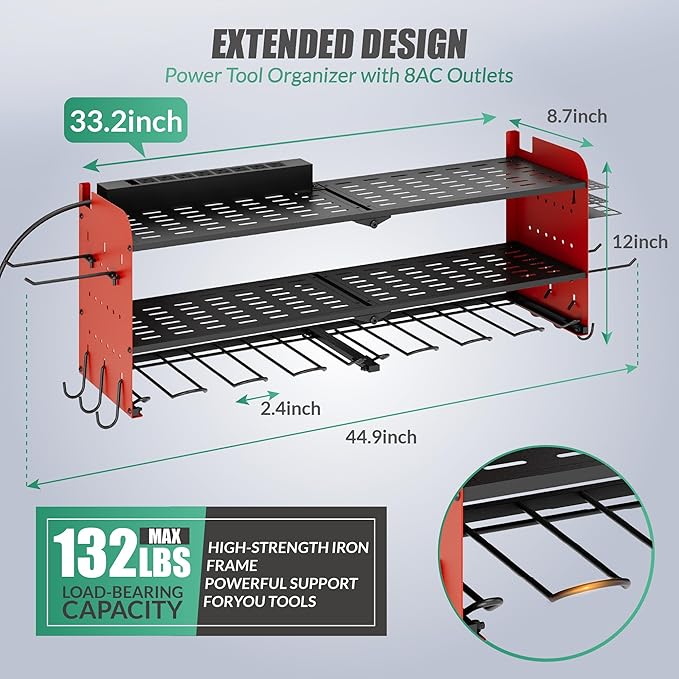 Suchtale Power Tool Organizer Wall Mount with Charging Station,33.2" Garage Storage,8 Drill Holders,3 Layers Heavy Duty Metal Shelf,Built in 8 Outlets Power Strip,Gift for Dad,Men,Red
