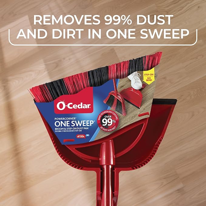 O-Cedar One Sweep Broom with Step-On Dustpan | Remove 99% with One Sweep | Lightweight Quiet Cleaning Tool | Ideal for Pet Owners