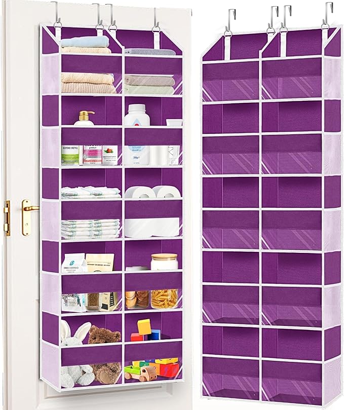 Over The Door Organizer 5 Tiers, Extra Large Behind Door Storage of 10 Compartments, 80 lbs Weight Capacity Hanging Storage Organizer with Clear Window Kids Toys,Shoes,Diapers,Room Storage,Purple