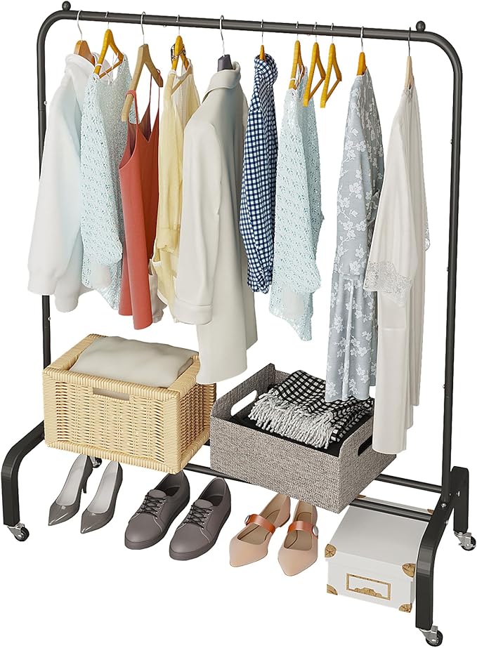 JIUYOTREE Metal Clothing Rack with Wheels, 43.3 Inches Rolling Clothes Garment Coat Rack with Bottom Shelf, Clothing Rack for Hanging Clothes, Coats, Skirts, Shirts, Sweaters, Black