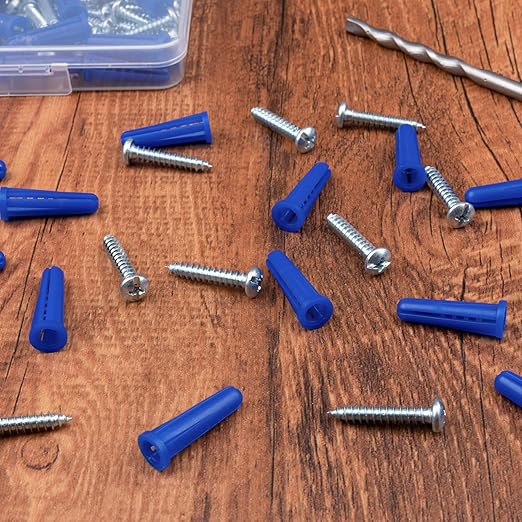 KURUI #10-12 Wall Anchors and Screws Kit, 220PCs Drywall Anchors for Drywall Brick Masonry Stucco Concrete, 110 Plastic Concrete Anchors and 110 Wood Screws, Drywall Anchors for Picture, Curtain Rod