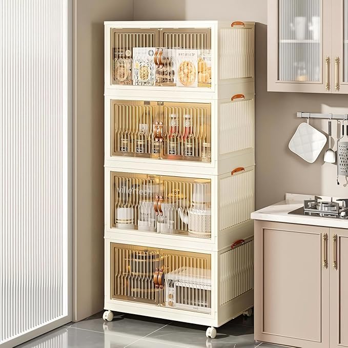 Stackable Storage Bins 104 Qt, Folding Storage Box with Lids and Doors, Open Front Folding Storage Bins with Wheels Large Plastic Storage Container Closet Organizers (4 Tier)