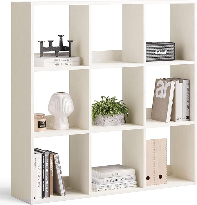 LINSY HOME Cube Storage Shelf, 3 Shelf Display Bookshelf with Storage, Open Freestanding 9 Cube Bookcase Small, White Wooden Bookshelf for Home Office, Bedroom, White Oak