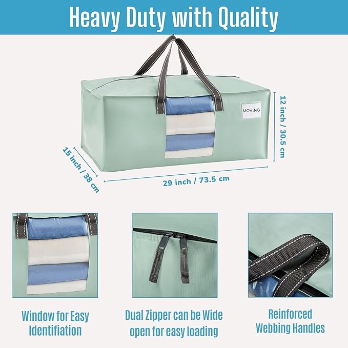 VENO 6 Pack Moving Bags for College, Heavy-Duty Storage Totes, Moving Boxes and Wardrobe Packing Supplies Alternative - Extra Large Durable Laundry Bags for Clothes (Shiny Light Green, 6 Pack)