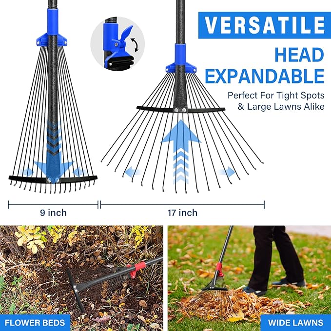 Rake for Leaves - Metal Leaf Rake for Lawn & Garden, Expandable Head 9"-17", 75" Adjustable Handle for Kids & Adults - Effortless Gardening, Portable Camping Rakes with Tool-Free Assembly