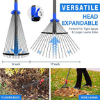Rake for Leaves - Metal Leaf Rake for Lawn & Garden, Expandable Head 9"-17", 75" Adjustable Handle for Kids & Adults - Effortless Gardening, Portable Camping Rakes with Tool-Free Assembly