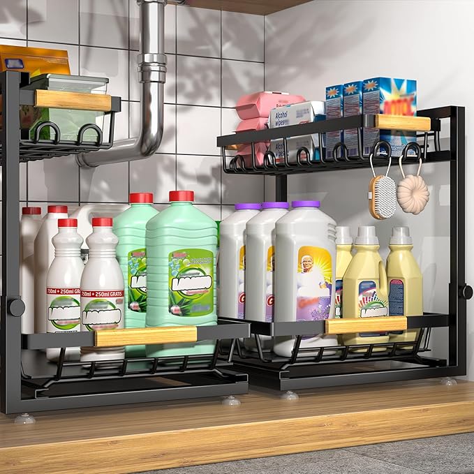 2 Packs Under Sink Organizer, High Adjustable 2 Tier Under Kitchen sink organizer, Multi-Purpose Storage Shelf for Kitchen Bathroom Cabinet (Black)