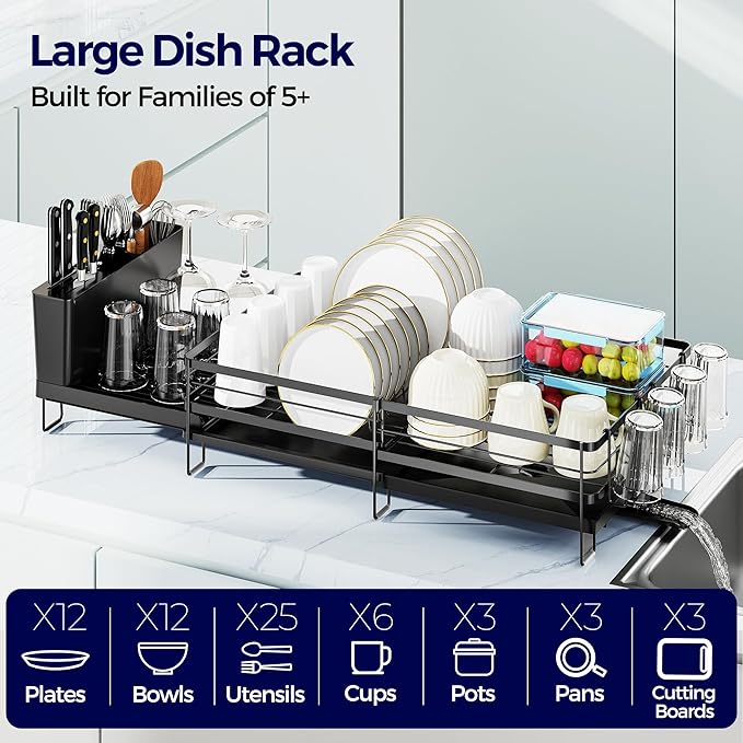 Large Dish Drying Rack, Expandable Dish Rack for Kitchen Counter, Upgraded Dish Drainer with Drainboard Set, Multifunctional Dishrack with Utensil Holder & Cup Holder, 13.4"-28.7" L x 11.8" W