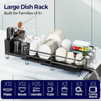 Large Dish Drying Rack, Expandable Dish Rack for Kitchen Counter, Upgraded Dish Drainer with Drainboard Set, Multifunctional Dishrack with Utensil Holder & Cup Holder, 13.4"-28.7" L x 11.8" W