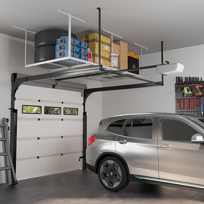 FLEXIMOUNTS 4x8 Overhead Garage Storage Rack, Adjustable Organization System, Heavy-Duty Metal Ceiling Racks, 600lbs Weight Capacity, White