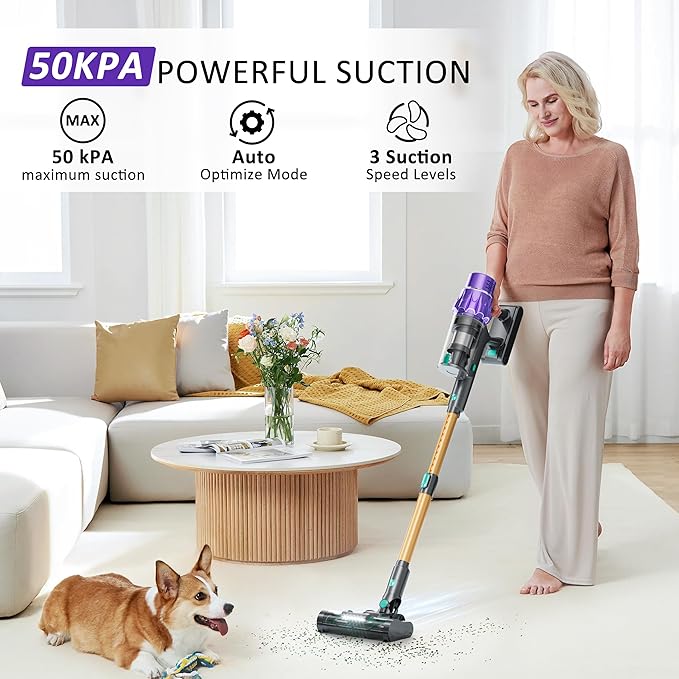 Cordless Vacuum Cleaner, 50KPA/70Mins Vacuum Cleaners for Home with Auto Dust Detection/LED Touch Display, Stick Vacuum Cordless Rechargeable, Pet Vacuum for Pet Hair,Hardwood Floor,Carpet