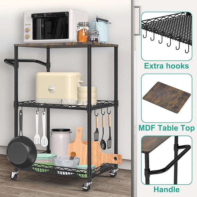 Rolling Kitchen Cart with Wheels, 3 Tier Metal Utility Cart with Wood Tabletop Heavy Duty Wire Rolling Kitchen Island Storage for Pantry Bar Microwave with Handle & Shelf Liners, Black