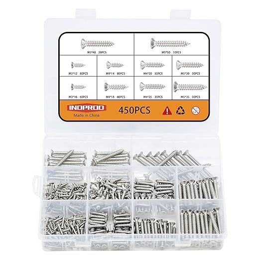 M3 M4 M5 Wood Screws Assortment Kit 450Pcs,304 Stainless Steel Self-Tapping Screws for Metal,Phillips Drive Screws Set,Countersunk Flat Head Assorted Screws,Sheet Metal Screw Set Assortment