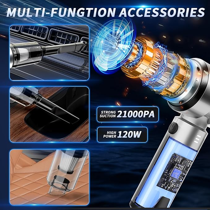 Car Vacuum Portable Cordless, 21000PA High Power Handheld Vacuum Cleaner with Brushless Motor,Mini Hand Held Vacuum Cordless Rechargeable Air Duster/Blower/Pump for Car, Home, Pet, Office