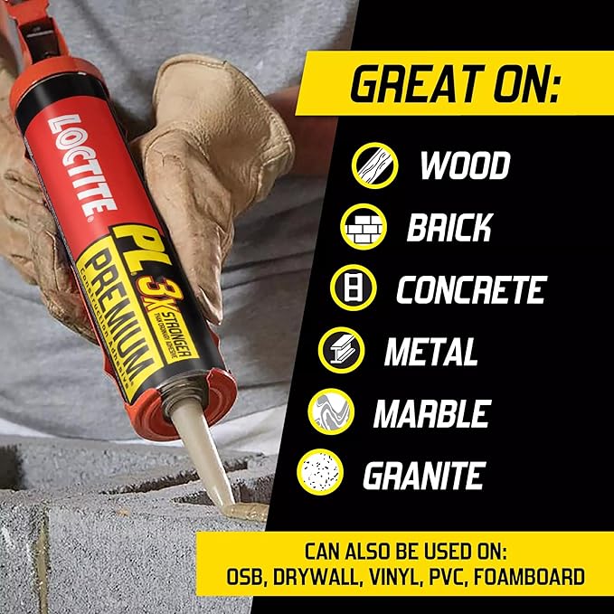 Loctite PL Premium Polyurethane Construction Adhesive, 10 fl oz Cartridge, 12 Pack - Versatile Construction Glue for Wood, Concrete, Stone, Metal & More