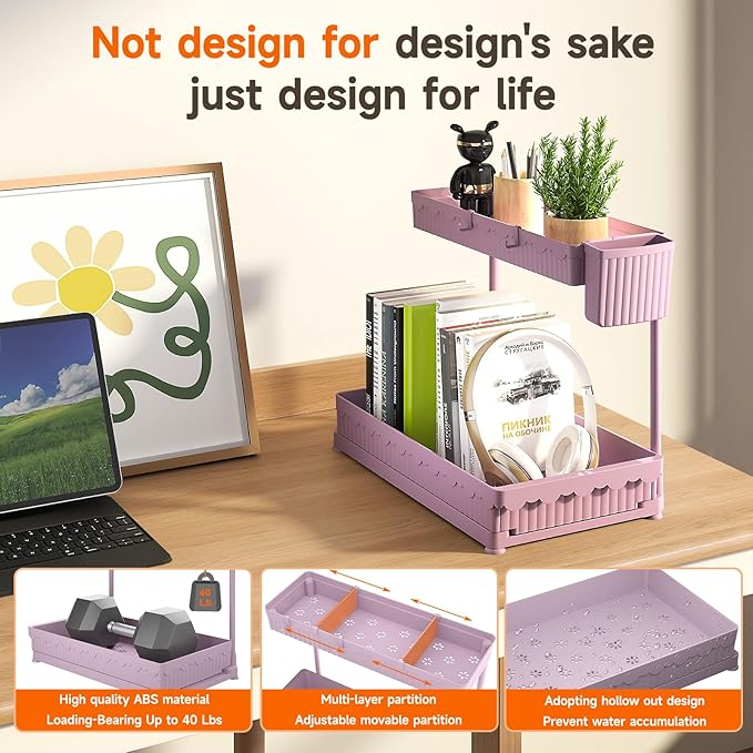 3 Pack Multi-Purpose Under Sink Organizers and Storage, 2025 L-Shaped Pull Out Cabinet Organizer for Bathroom & Kitchen, Under Cabinet Organizer with Hooks Hanging Cup, Pink