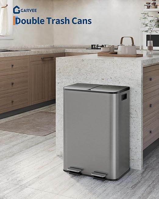 GarveeHome 2 x 8 gal Stainless Steel Double Trash Can with Lid for Kitchen, Large Dual Trash and Recycle Bin Combo, Step-on Kitchen Metal Garbage Cans, PP Inner Buckets, Liner Rim, Matte Grey