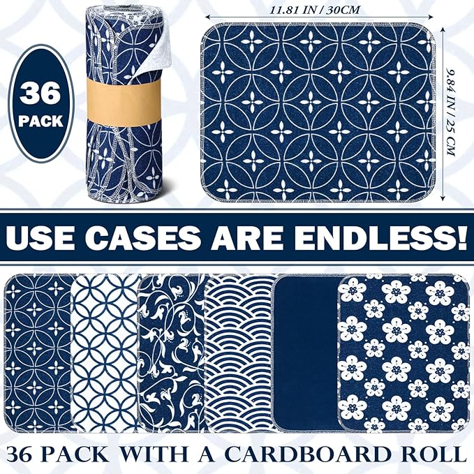 36 Count Reusable Cleaning Cloths Washable Cotton Kitchen Towels for Home(Japanese Style,Blue)