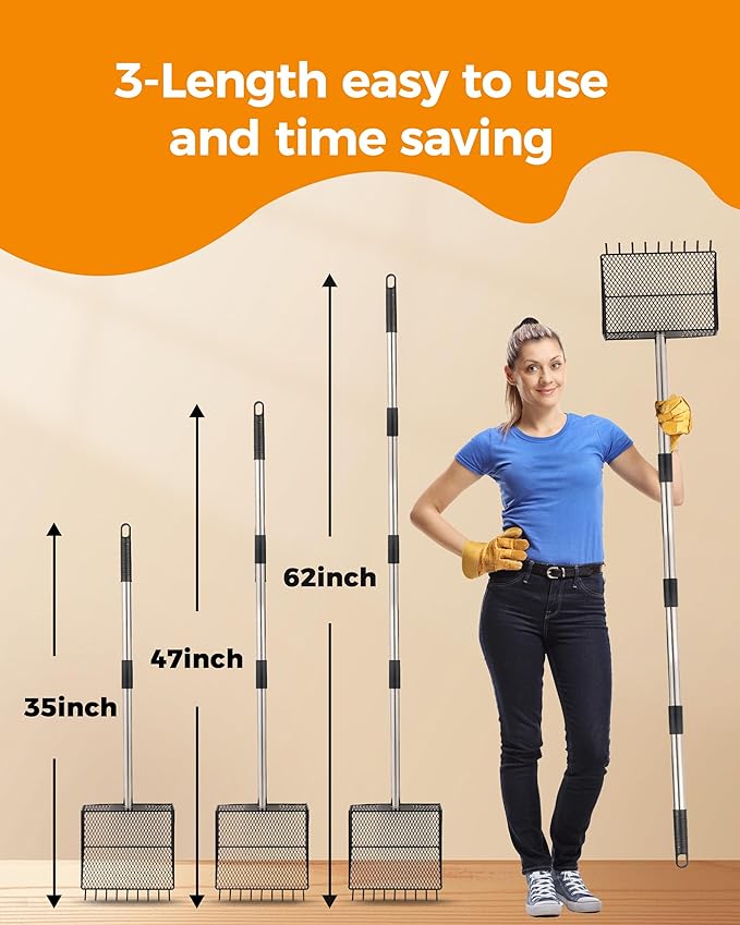 Upgraded Chicken Poop Scooper & Rake 2-in-1,Coop Cleaning Tool Metal Scoop,0.25" fine mesh Sand Sifting Shovel with 35" to 62" Adjustable Stainless Steel Handle for Chicken Coops & Farm Animals Scoop