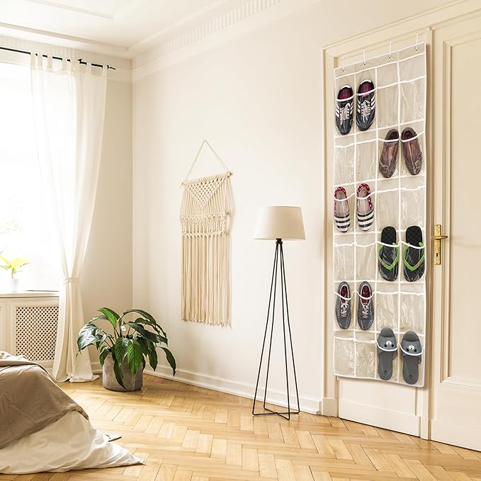 SIMPLE HOUSEWARE 24 Pockets - Crystal Clear Over The Door Hanging Shoe Organizer, Beige (64'' x 19'')