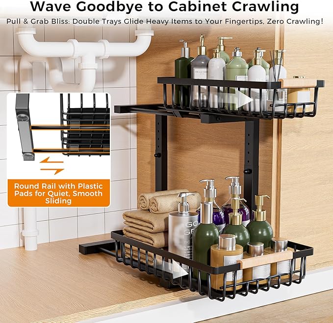 Under Sink Organizer,2 Pack 2 Tier Under Sink Organizers and Storage,Slide Out Pull Out Cabinet Organizer Shelf,Metal Sliding Drawer for Kitchen Bathroom Pantry Cabinet Closet Organization Rack Black