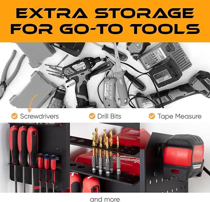 Power Tool Organizer - Wall Mount Storage for Garage Organizes 4 Cordless Drills & Tools - Heavy Duty Rack w Pegboard Sides Shelves & Hooks - Neatly Holds Screwdrivers & Drill Bits BLACK/BLACK