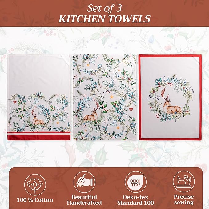 Maison d' Hermine Kitchen Towels Set of 3 100% Cotton 27.50" x 20" Reusable Cloth Tea Dish Towels Absorbent with Hanging Loop for Kitchen, Home, Dining, Cocktail Parties (Holly Time)