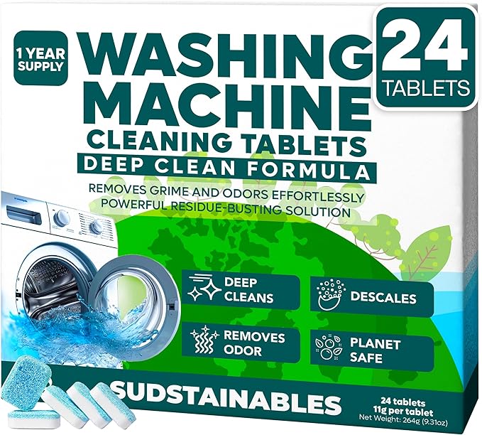 Sudstainables Washing Machine Cleaner Tablets (24-Pack) – Deep Clean for Front or Top Load Washers, Removes Odor, HE Washer and Septic Safe Cleaning Solution for Long-Lasting Freshness