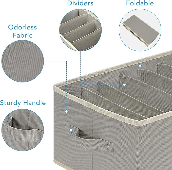 6 Pcs Large Size Wardrobe Clothes Organizers 6 Grids for Pants, Jeans, Sweater, T-shirt, Thin Coat, Dress Stackable Closet Drawer Organizer Storage Bin Container with Sturdy Handles, Grey
