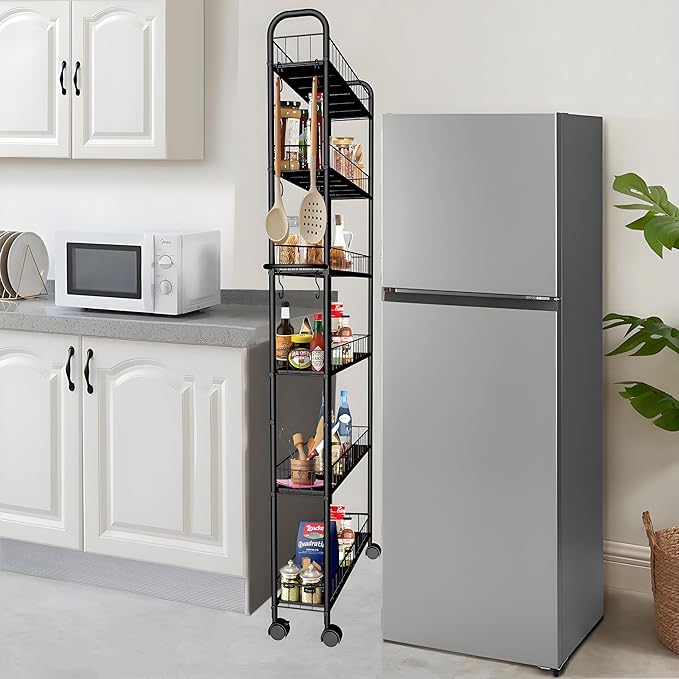 Slim Rolling Cart,6-Tier Storage Cart with Handle, 6in Mobile Shelving Unit with Wheels, Metal Wire Storage Rack with Baskets for Kitchen Bathroom Office Laundry Narrow Piaces