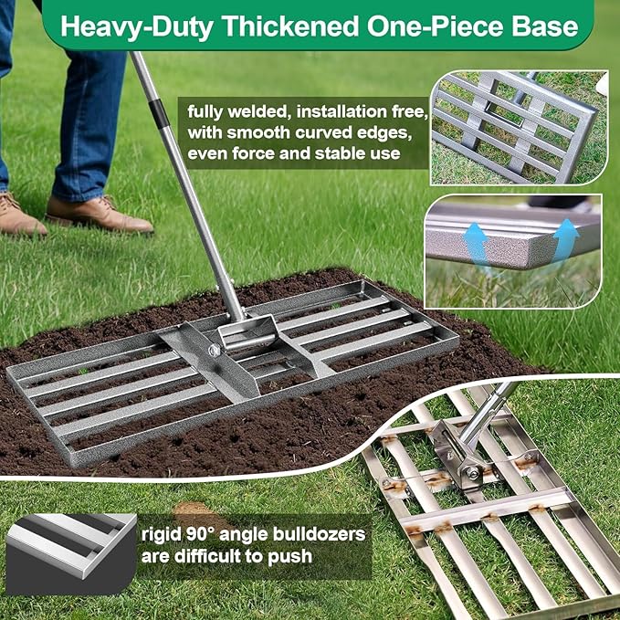 Lawn Leveling Rake Heavy Duty with 30"x10" Ground Plate, Steel Yard Lawn Rake Tool for Soil - Adjustable Effort Saving Handle, Metal Landscape Lawn Leveler for Garden, Topdressing & Seeding