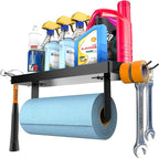 ZUNTO Garage Paper Towel Holder with Shelf, Black Stainless Steel Paper Towel Rack with Hooks, Wall Mount Paper Towel Holder for Kitchen, Garage Organization and Storage