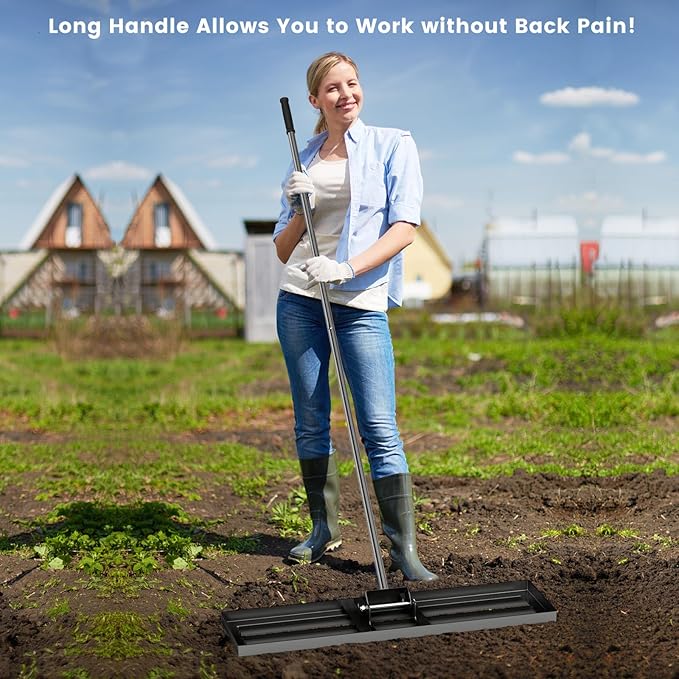 Goplus Lawn Leveling Rake, 36" x 10" Heavy Duty Level Lawn Tool w/ Ergonomic Handle for Soil, Effort-Saving Landscape Rake for Garden, Backyard, Golf Course, Farm, Pasture, Black