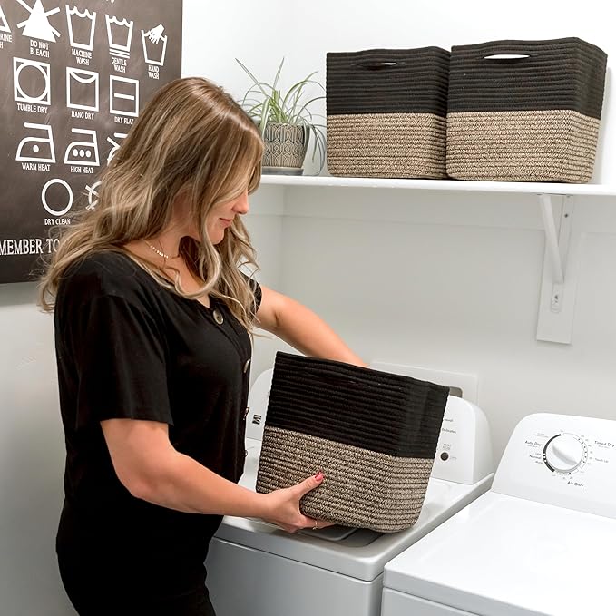 NaturalCozy 13 Inch Cube Storage Bins Cotton Rope Woven Baskets for Organizing 3-Pack | 13 x 13 Storage Cubes | Fabric Square Storage Baskets for Shelves Organizer, Kids Toy Bins, Closet Baby Nursery