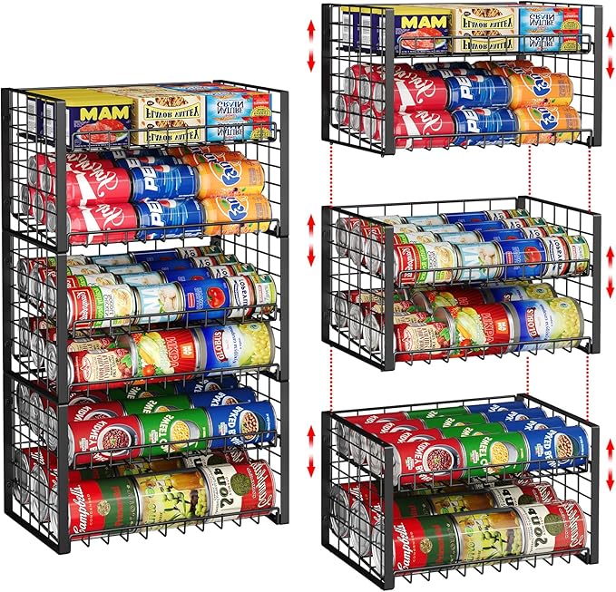 3-Pack Stackable Can Rack Organizer for Pantry, Adjustable Can Holder for Various Ounce of Cans up to 90, Rolling Can Dispenser for Canned Food Soup Goods Storage in Kitchen Cabniet, 2 Tier, Black